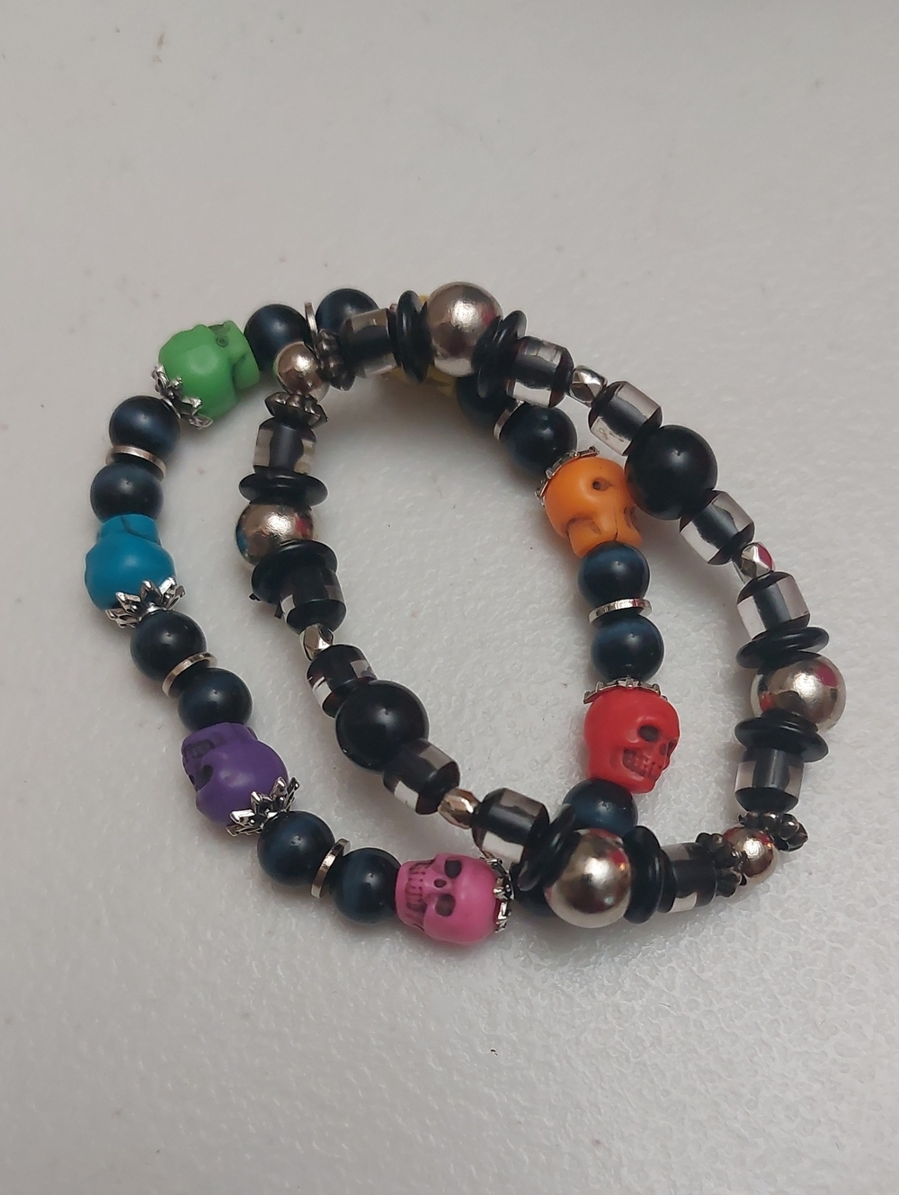 Halloween Multicolor Skull Black Silver Tone Stackable Bracelets 6.5 Inch